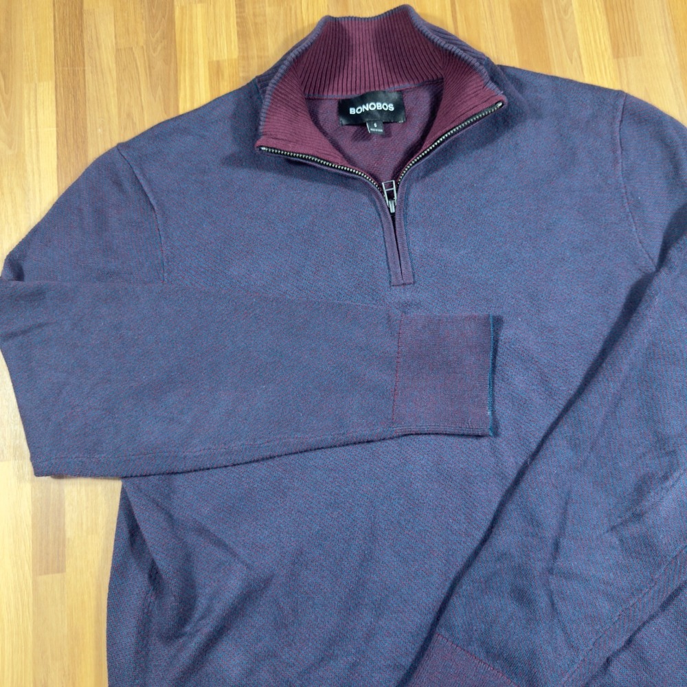 Bonobos Mens Cotton Cashmere Quarter Zip Sweater Burgundy Navy Blue Small